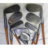 HICKORY SHAFTED IRONS TO INCLUDE A RYE NECKED WM GIBSON & CO KINGHORN PUTTER, J.E.