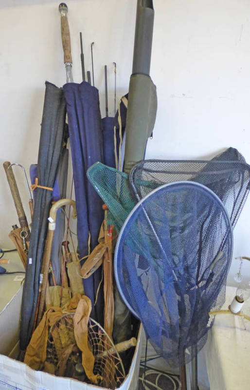 LARGE SELECTION OF VARIOUS FISHING RODS IN BAGS, LANDING NETS,