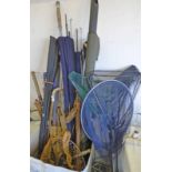 LARGE SELECTION OF VARIOUS FISHING RODS IN BAGS, LANDING NETS,