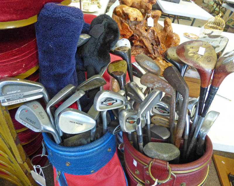 2 BAGS OF GOLF CLUBS TO INCLUDE A FEW HICKORY SHAFTED CLUBS LIKE ANDERSON & SONS ST ANDREWS MONARCH
