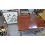 2 BOUND BOXES SEWN WORK FOLDING TABLE MAHOGANY TABLE & MAHOGANY TOPPED WROUGHT IRON TABLE