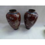 PAIR OF JAPANESE CLOISONNE BALUSTER VASES DECORATED WITH PINK LEAVES - 17.