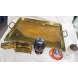 BRASS TWIN HANDLED TRAY TOGETHER BRASS MOUNTED DESK STAND AND A SELECTION OF TABLE LIGHTERS