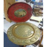 OVAL 19TH CENTURY METAL TRAY & CIRCULAR EASTERN BRASS TRAY DECORATED WITH PEACOCKS 56CM