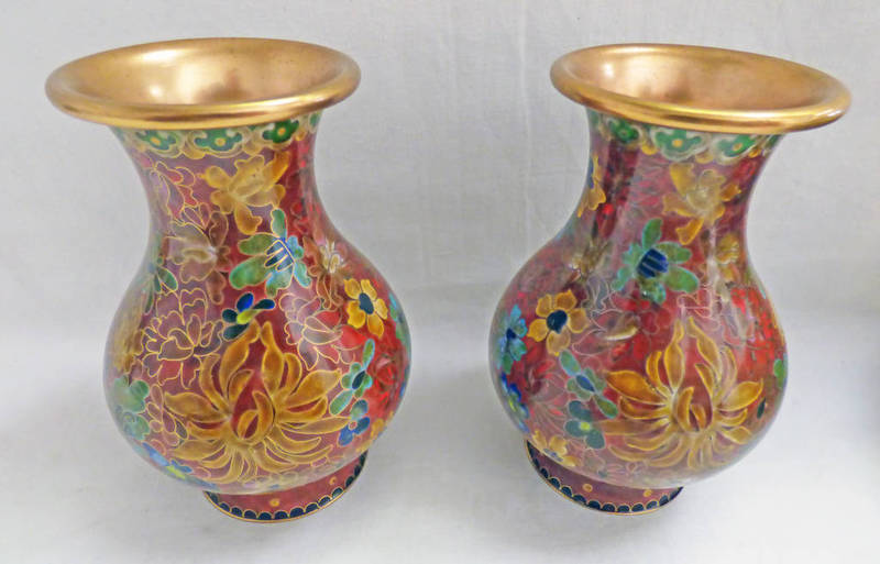 PAIR OF CLOISONNE FLORAL DECORATED VASES - 13CM TALL