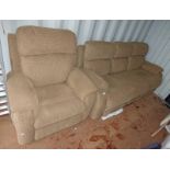 2 PIECE FAWN SUITE OF RECLINING 3 SEAT SETTEE AND ELECTRIC ARMCHAIR