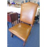 19TH CENTURY OAK & LEATHER HALL CHAIR ON SHAPED SUPPORTS