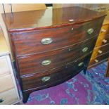 19TH CENTURY MAHOGANY BOW FRONT CHEST OF 3 LONG DRAWERS ON BRACKET SUPPORTS