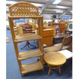 CANE OPEN SHELVES WITH WICKER TOPS AND A SMALL ROUND TABLE, RUSHWORK STOOL, 2 BLACK SHELVES,