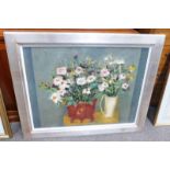 NAEL HANNA - (ARR) 2 VASES OF FLOWERS SIGNED FRAMED OIL PAINTING 74 X 100CM