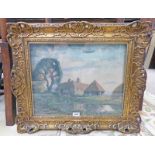 MATHEW ADAM GILT FRAMED OIL PAINTING FARM IN FIFE WITH LABEL TO REVERSE 38 X 48 CM