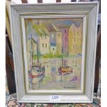 A. J. HASTINGS EVENING AT THE HARBOUR SIGNED FRAMED OIL ON BOARD 25 X 18.