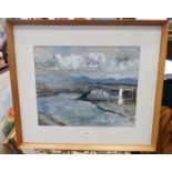 LESLEY JOHNS LIGHTHOUSE ON THE SOUTH ESK SIGNED FRAMED WATER COLOUR 37 X 46 CM