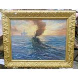 GILT FRAMED OIL PAINTING SUPPLY BOAT HEADING OUT TO THE NORTH SEA SIGNED WATT - 45 X 62 CM