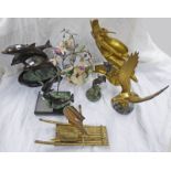 METAL DOLPHIN ORNAMENTS ON BASES, BRASS EAGLE ON HARDSTONE BASE,