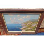 FRAMED OIL PAINTING OF MEDITERRANEAN COASTAL VILLAGE 60 X 90CM