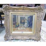 WILLIAM CARLTON CHILDREN & SPANIEL BESIDE FIRE GILT FRAMED OIL PAINTING SIGNED 26 X 31CM