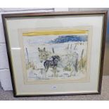 MOTHER AND FOAL IN WINTER UNSIGNED FRAMED WATERCOLOUR 38 X 42 CMS