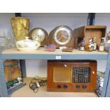 OAK MANTLE CLOCKS, PYE RADIO, PINK PERTHSHIRE GLASS DISH, OAK STOOL, WHISKY MINATURES,