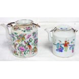 2 X CHINESE PORCELAIN TEAPOTS WITH FLORAL DECORATION AND ONE DECORATED WITH FIGURES