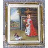 YOUNG GIRL HAWKING GILT FRAMED OIL PAINTING ON PANEL 29 X 24 CM