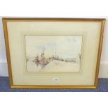 WILLIAM ARTHUR CARRICK UNLOADING STEAM TRAWLERS AT THE HARBOUR SIDE SIGNED FRAMED WATERCOLOUR 25 X