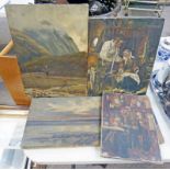 UNFRAMED AND UNSIGNED OIL ON CANVAS PAINTINGS OF A SHORE LINE AND MOUNTAIN SCENE AND 2 UNFRAMED AND