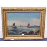 HICK THE FISHING FLEET LEAVING HARBOUR AT SUNRISE SIGNED GILT FRAMED OIL PAINTING 37 X 49 CM