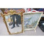 GILT FRAMED MIRROR AND A PAINTED WOOD FRAMED ORIENTAL FIRE SCREEN - 2 -
