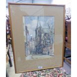 FRAMED WATERCOLOUR STREET SCENE WITH FIGURE MONOGRAMMED CS FOR STEWART CARMICHAEL