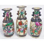 3 CHINESE CRACKLE WARE VASES WITH WARRIOR DECORATION.