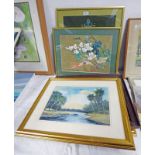 SELECTION OF FRAMED ORIENTAL PRINTS, SEWN WORK PANEL, KNOT TYING DISPLAY,