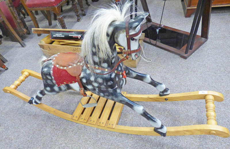 PAINTED CARVED ROCKING HORSE ON PINE STAND 69 CM TALL