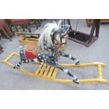 PAINTED CARVED ROCKING HORSE ON PINE STAND 69 CM TALL