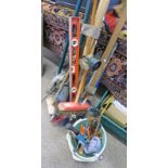 SELECTION OF TOOLS TO INCLUDE SHOVELS, BRUSHES, LEVELS, SHEPHERDS CROOK, HAMMERS,