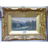 19TH CENTURY SCOTTISH SCHOOL RIVER SCENE GILT FRAMED WATERCOLOUR 12 X 23 CM