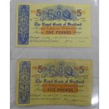 2 YELLOW SINGLE SIDED ROYAL BANK OF SCOTLAND £5 NOTES: MAY 1953 & APRIL 1961 (2)