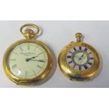 FOB WATCH WITH ENAMELLED CHAPTER RING, THE CASE MARKED 18K AND GILT METAL FOB WATCH.