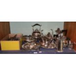 A quantity of silver plate including four piece tea service, spirit kettle, flatware etc