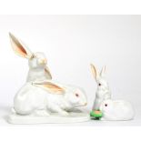 A Herend porcelain bunny group and a smaller example (2)