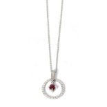 A ruby and princess cut diamond pendant on chain, total estimated diamond weight 0.30 carat