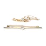 An old cut diamond set scroll bar brooch, estimated diamond weight 0.45 carat approximately,