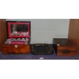 A 19th century burr walnut travelling vanity case; rosewood jewellery box of similar date; and a