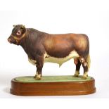 Royal Worcester Dairy Shorthorn Bull ''Royal Event'', model No. RW3781 by Doris Lindner, on wooden