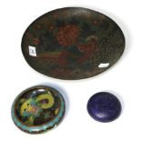 A Chinese porcelain box and cover and two pieces of cloisonne