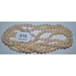 A continuous strand of uniform cultured pearls, 7.5mm - 7.8mm in diameter approximately, length 78cm