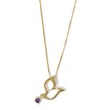 An 18 carat gold amethyst dove pendant, on a trace chain, pendant measures 3cm by 3cm, chain