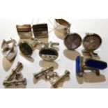 Six pairs of silver cufflinks, including a lapis lazuli inset pair76.5g gross