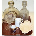 Assorted ceramics and glass including a Spode coffee can, two decanters, a creamware dish etc