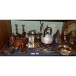 A quantity of copper and brass ware including a pair of Victorian brass candle sticks, an Art